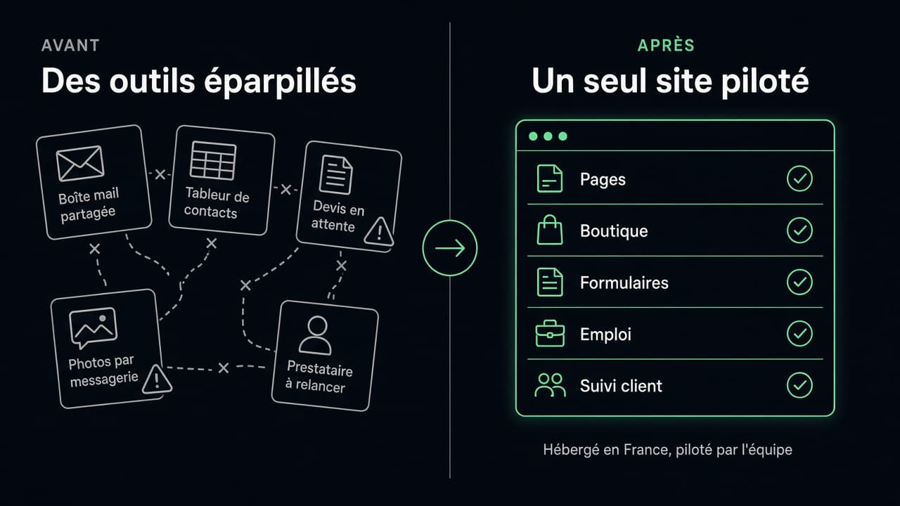 Comparaison avant / après : site figé et boîte mail saturée d’un côté, site tenu à jour et demandes suivies de l’autre