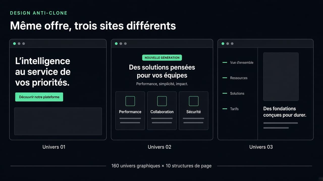 Trois sites ZOT Web du même métier, avec des univers graphiques et des structures de page différents