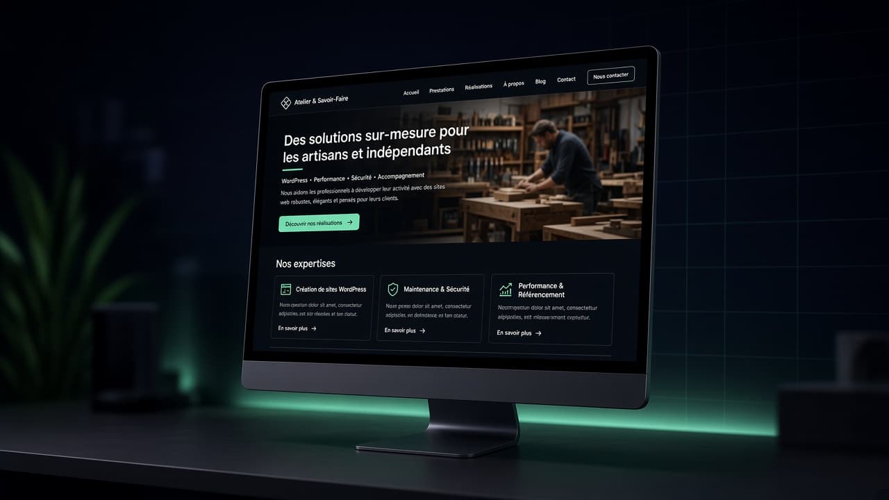 Aperçu d’un site WordPress ZOT Web : pages, boutique et suivi des demandes