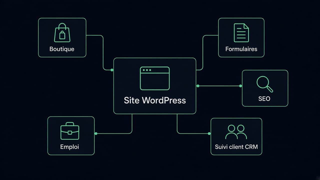 Schéma ZOT Web : site WordPress au centre, relié à boutique, formulaires, emploi, suivi client et SEO
